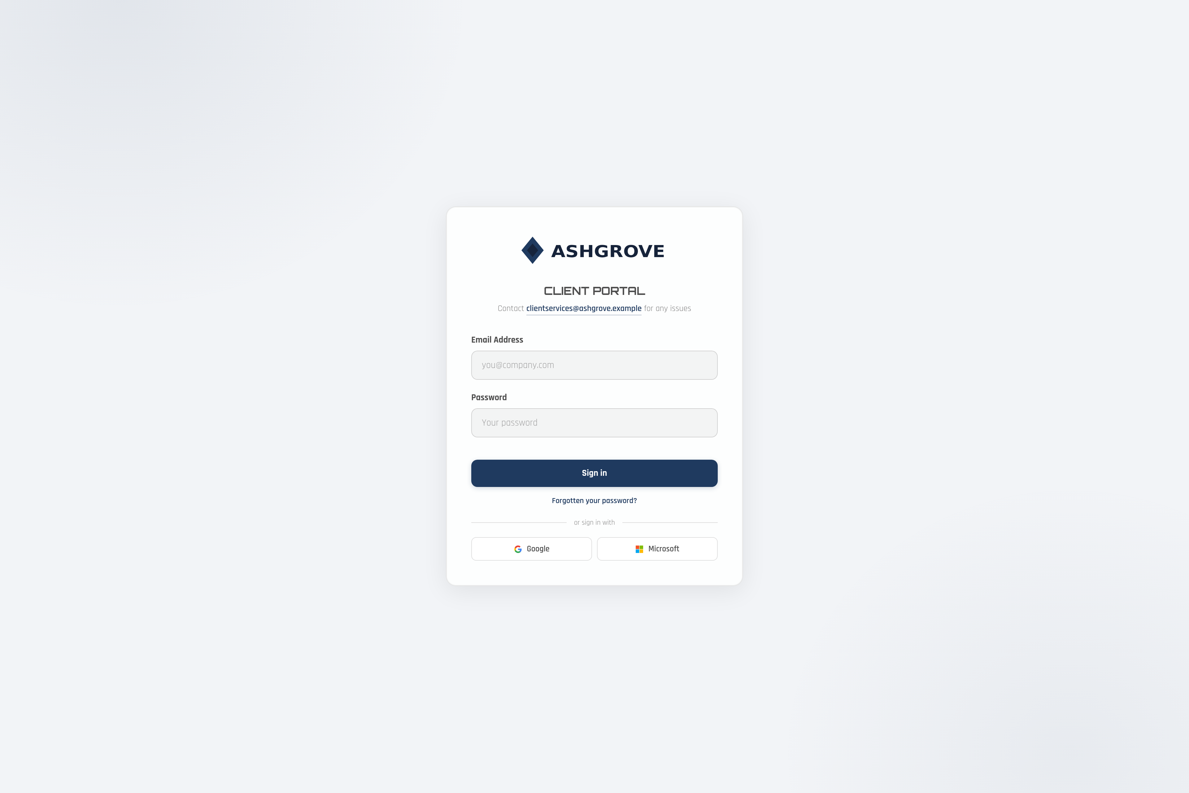 A fourth firm’s sign-in page, in a deliberately quiet corporate palette.