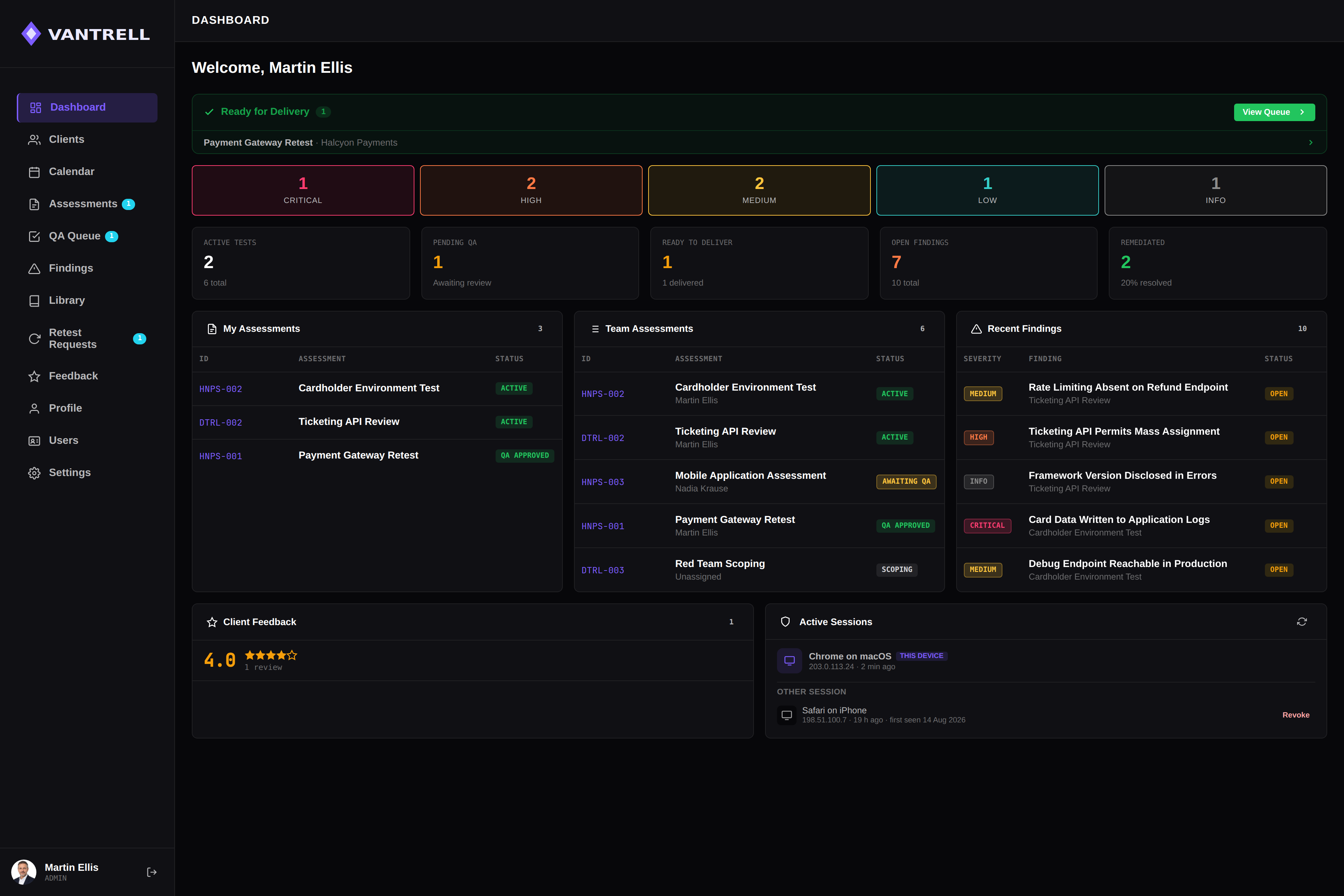The same dashboard again, with the theme colours, accent, severity scale and typeface all changed by the firm.