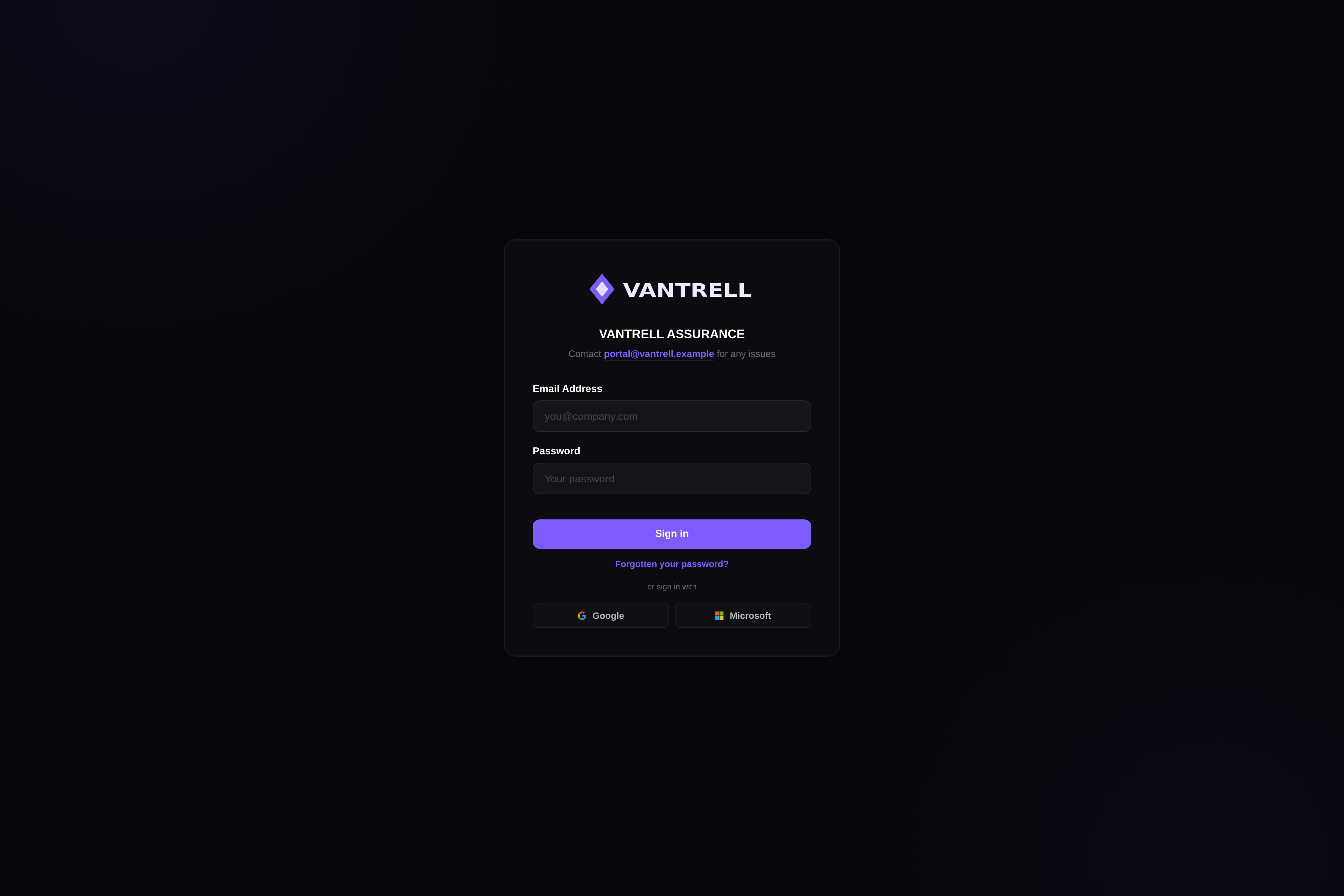 A third firm’s sign-in page, near-black with a violet accent.